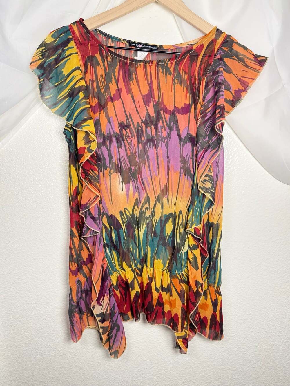 Y2K Love Squared Vintage Women's Multicolor Abstract Sheer Drop Waist Ruffle Top